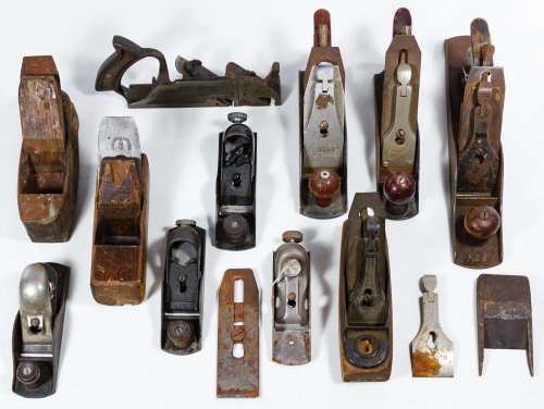 Wood Plane Assortment: Wood Plane Assortment Eleven planes including Stanley #3 and #5, Fulton, Corsair and Dunlap Height: 5.00 inches, Length: 13.75 inches, Width: 2.50 inches (largest) Category: Primitives > Tools Tax Sta