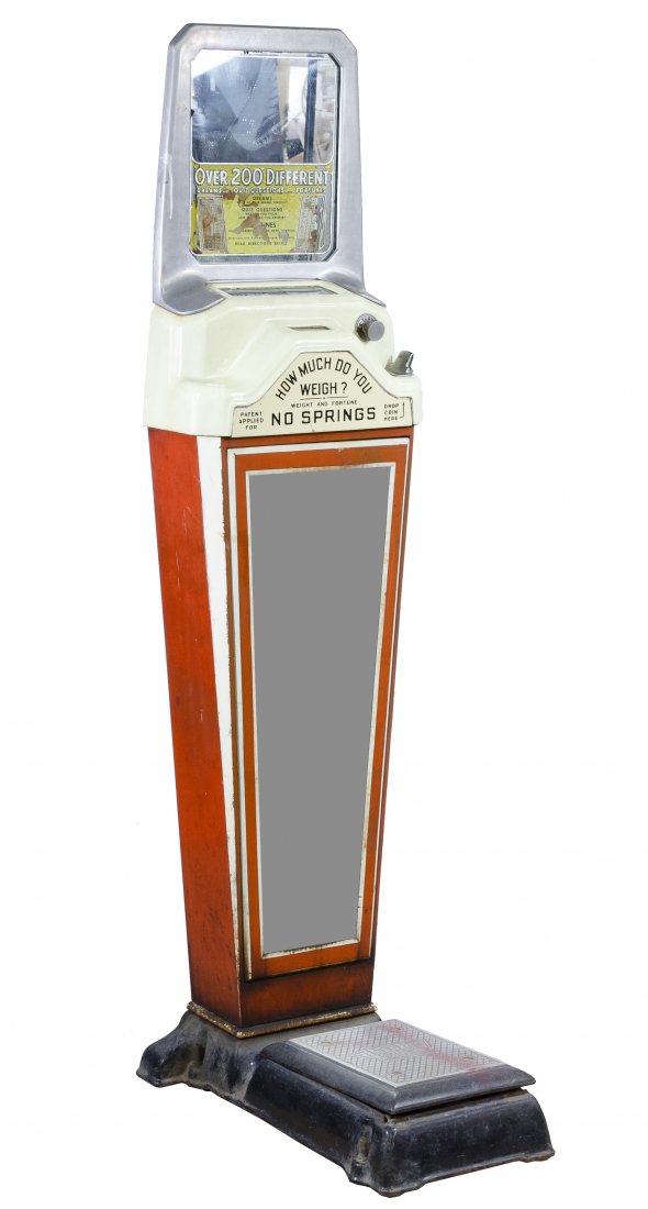 Walting 'Guess Your Weight' Coin Operated Scale: Walting 'Guess Your Weight' Coin Operated Scale Having a porcelain enamel metal frame with mirrors, coin slot and weight charts Height: 65.00 inches, Width: 16.00 inches, Depth: 8.00 inches Category:
