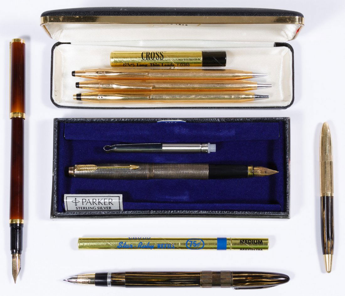 14k Gold, Gold Filled and Sterling Silver Pen: 14k Gold, Gold Filled and Sterling Silver Pen Assortment Including a 14K gold Cross pen, a Parker sterling silver fountain pen, two 14k gold filled Cross writing instruments, a St. Dupont fountain pen