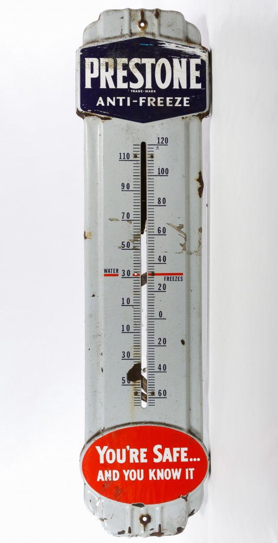 Prestone Anti-freeze Porcelain Advertising Wall: Prestone Anti-freeze Porcelain Advertising Wall Thermometer Porcelain enamel over metal thermometer Height: 36.00 inches, Width: 9.00 inches Category: Collectibles > Gas & Oil Shipping Status: Due to