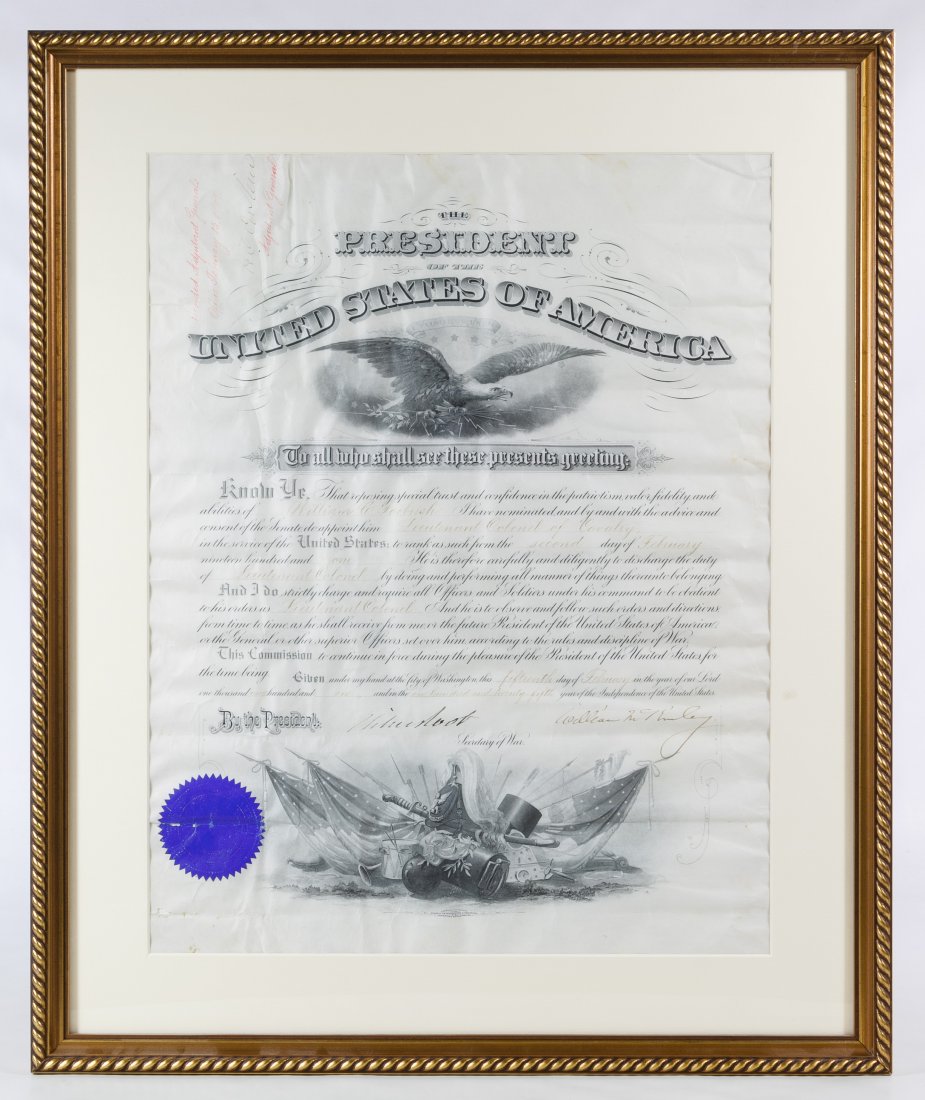 William McKinley Signed Presidential Military: William McKinley Signed Presidential Military Appointment February 2nd, 1901 document appointing William C. Forbush to the rank of Lieutenant Colonel of Cavalry, signed lower right, blue wax seal lowe