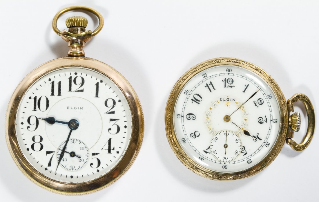 Elgin Gold Filled Open Face Case Pocket Watches: Elgin Gold Filled Open Face Case Pocket Watches Two pieces including a railroad watch having serial #15154694 dating to 1911, 21 jewels, grade 367, model 8, class 90, pendant wind, lever set with an e