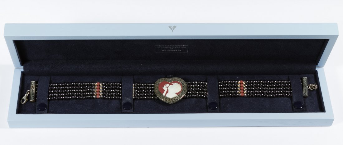 Sterling Silver and Wedgwood Choker Necklace by Stephen: Sterling Silver and Wedgwood Choker Necklace by Stephen Webster Having sterling silver findings, Wedgwood white on wine jasperware cameo and wine and dark gray beads; sterling pieces marked 925; toget