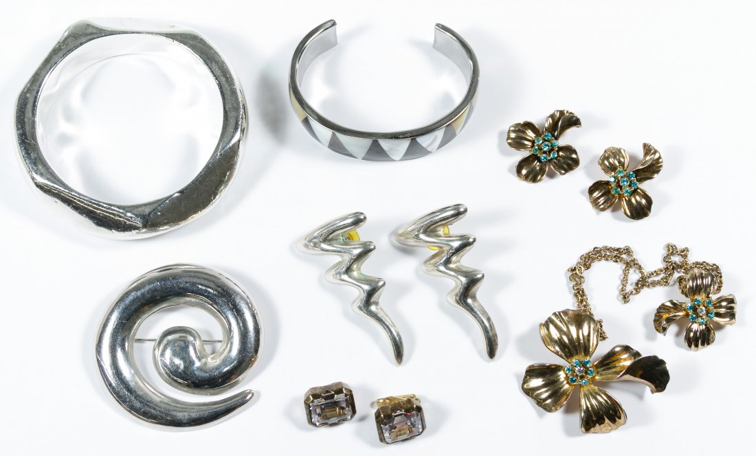 Sterling Silver Jewelry Assortment: Sterling Silver Jewelry Assortment Including bracelets, clip and pierced earrings, pin and matching clip earrings and sweater pin; most marked Width: 8.75 inches (sweater pin) Weight: 136.19 dwts. (to