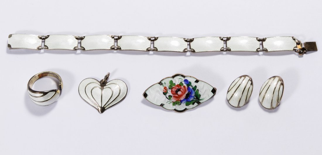 David Andersen Sterling Silver and Guilloche Enamel: David Andersen Sterling Silver and Guilloche Enamel Jewelry Suite Including clip earrings, ring and heart-shaped pendant, all marked David Andersen, Norway and sterling; together with a bracelet and a