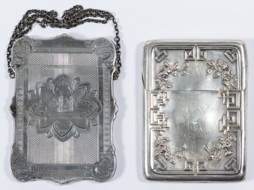 Sterling Silver Calling Card Case: Sterling Silver Calling Card Case Having a repousse design on the front and marked sterling en verso; together with a silverplate calling card case having an etched design on both sides, a chain and E