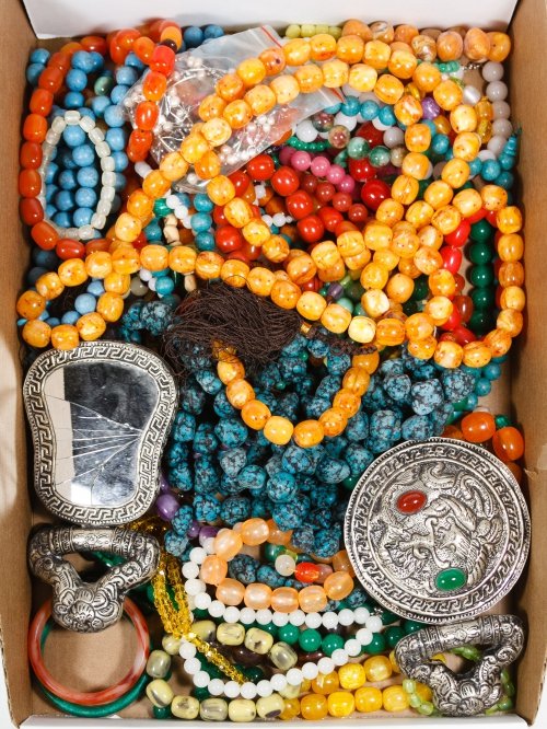 Jade Style Necklace and Bracelet Assortment: Jade Style Necklace and Bracelet Assortment Including contemporary stone and glass bead necklaces and bracelets, two jadeite jade bangle bracelets; together with two cast metal hand mirrors Length: 36