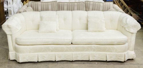 Upholstered 'Heirloom Collection' Sofa by Plunkett: Upholstered 'Heirloom Collection' Sofa by Plunkett Furniture Having tone on tone floral motif upholstery with two seat cushions with four throw pillows and arm protectors Height: 29.00 inches, Width: 