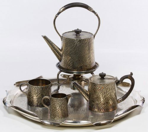 Hukin and Heath Silverplate Tea Service: Hukin and Heath Silverplate Tea Service Including a hot water kettle #3749 with burner stand, a teapot, large serving tray #3880, a creamer and a sugar bowl; kettle and teapot have ebony wood handles