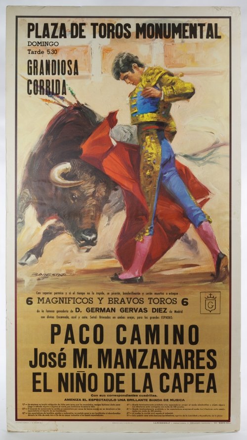 Spanish 'Plaza de Toros Monumental' Poster: Spanish 'Plaza de Toros Monumental' Poster 1974, mounted onto a foam core board, printed in Spain by T. G. Soler and featuring the bullfighter Paco Carmino (b.1940) Height: 38.00 inches, Width: 21.00 
