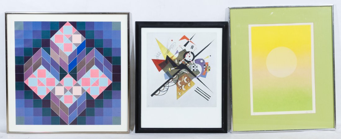 Print Assortment: Print Assortment Three items including a 1975 mono-print, signed lower right, numbered 1/1 and depicting the sun; an abstract geometric print in the style of Victor Vasarely and a Wassily Kandinsky re