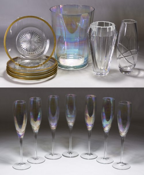 Orrefors Vase and Iridescent Stemware Assortment: Orrefors Vase and Iridescent Stemware Assortment Including a signed Orrefors stepped vase, seven iridescent champagne glasses with matching ice bucket, an unmarked vase and six gold rimmed salad plate