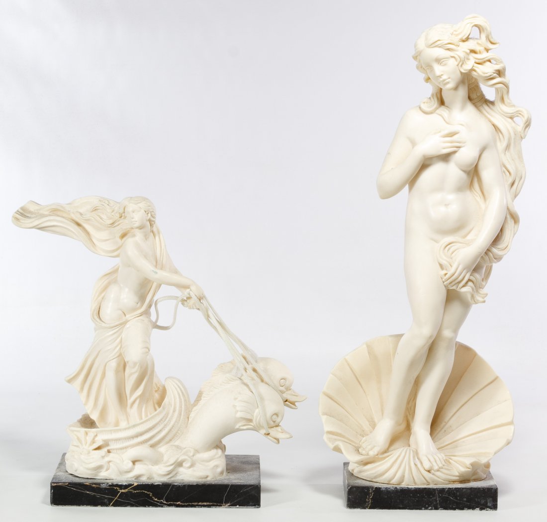 Classical Style Resin Figurines by A. Santini: Classical Style Resin Figurines by A. Santini Two resin molded figurines mounted onto marble plinths including 'Venus on the Half Shell' and 'Venus in a Dolphin Chariot' Height: 17.00 inches (tallest)