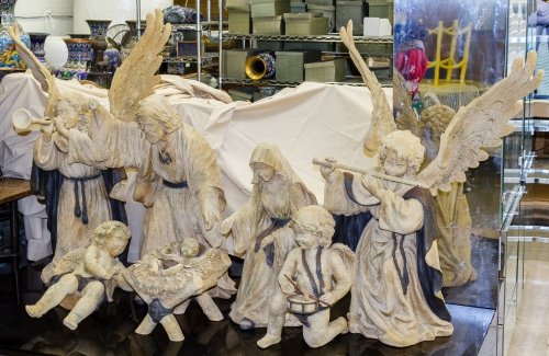 Nativity Set: Nativity Set Including composite figures of Jesus, Mary, Joseph, two large angels and two small angels Height: 43.00 inches, Width: 32.00 inches (large angels) Category: Collectibles > Holiday Shippin