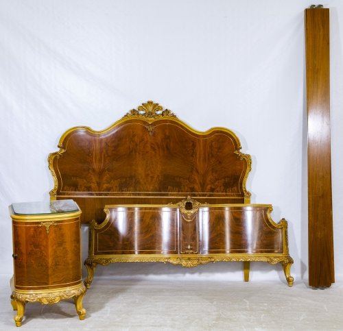 Rococo Style Mahogany Full-size Bed and Nightstand: Rococo Style Mahogany Full-size Bed and Nightstand c.1930, including a headboard, foot board, side rails, metal bed frame support and a night stand Height: 51.50 inches, Width: 58.00 inches (head boar
