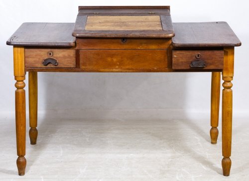Primitive Maple Railroad Desk: Primitive Maple Railroad Desk Having a slanted hinged center surface with interior compartment and two side drawers Height: 36.00 inches, Width: 51.00 inches, Depth: 26.00 inches Category: Furniture >