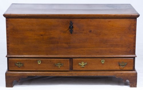 Walnut Blanket Chest: Walnut Blanket Chest c.1900 having hinged top and blanket compartment over two half drawers; including lock and key Height: 29.00 inches, Width: 50.50 inches, Depth: 23.50 inches Category: Furniture >