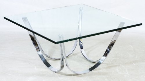 Mid-Century Modern Coffee Table by Roger Sprunger for: Mid-Century Modern Coffee Table by Roger Sprunger for Dunbar Having a curved chrome base and a square glass top Height: 18.00 inches, Width: 36.00 inches, Depth: 36.00 inches Category: Furniture > Mid