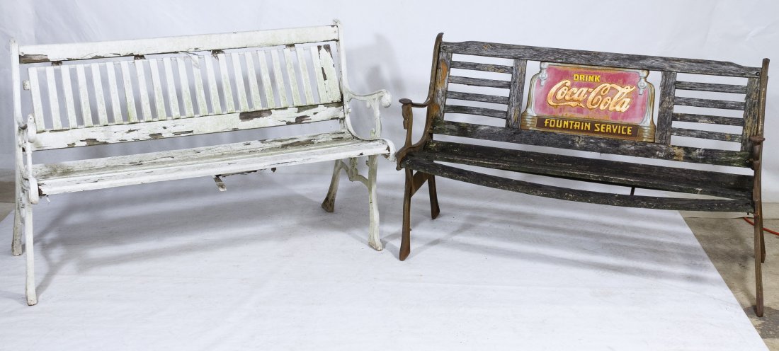 Coca-Cola Cast Iron and Wood Park Bench: Coca-Cola Cast Iron and Wood Park Bench Having Coca-Cola fountain service advertising on back center plate and sides; together with cast metal and wood park bench Height: 29.50 inches, Width: 49.00 in
