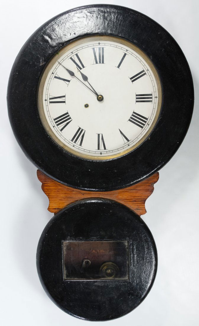 Advertising Wall Clock by Baird Clock Co.: Advertising Wall Clock by Baird Clock Co. c.1890, attached paper label on the inside, illegible markings under the black paint; including pendulum and key Height: 30.75 inches, Width: 18.00 inches, De