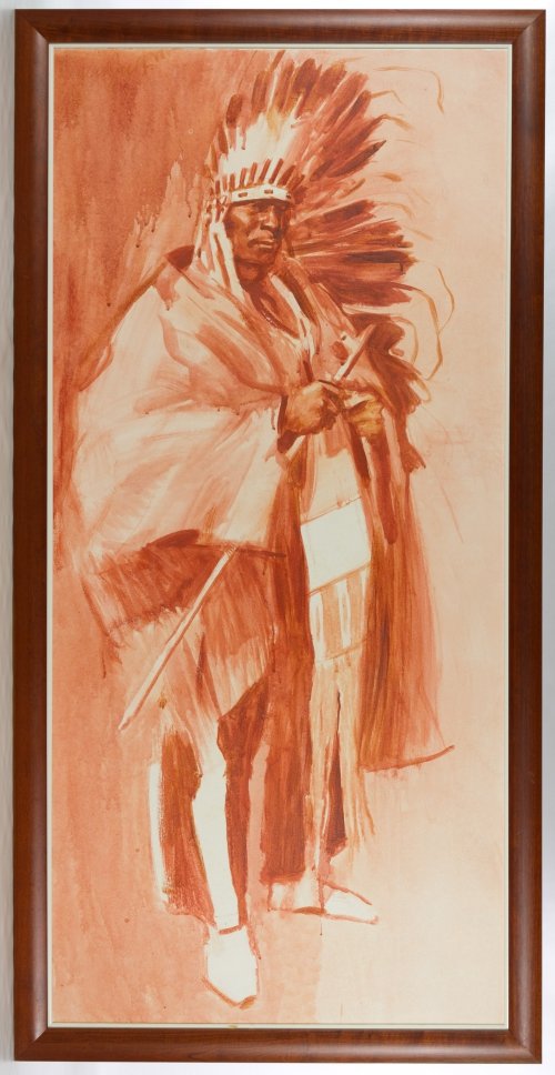 Ned Jacob (American, b.1938) Oil on Board: Ned Jacob (American, b.1938) Oil on Board Undated, signed upper left, depicting a standing Native American Indian Height: 45.00 inches, Width: 21.00 inches (board) Category: Fine Art > American Painti