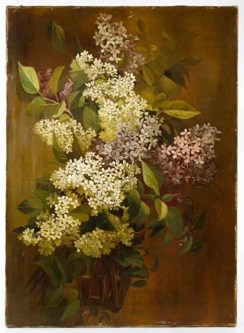 British School (European, 19th Century) 'Lilacs' Oil on: British School (European, 19th Century) 'Lilacs' Oil on Canvas Undated, unsigned, depicting lilac branches in a basket; having a stamped mark en verso with a London framer address; unframed Height: 16