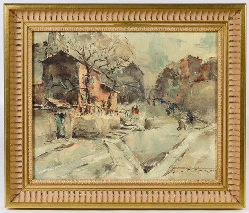 Herman Edouard Wagner (European, 1894-1963) Oil on: Herman Edouard Wagner (European, 1894-1963) Oil on Canvas Undated, signed lower right, depicting a winter street or canal; having a Newman Galleries sticker en verso Height: 8.75 inches, Width: 10.75 