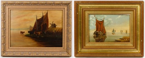 Unknown Artists (Dutch School, 19th Century) Oils: Unknown Artists (Dutch School, 19th Century) Oils on Boards Including an undated painting, signed lower right and depicting a red sailboat and an undated, unsigned painting depicting cows Height: 9.25