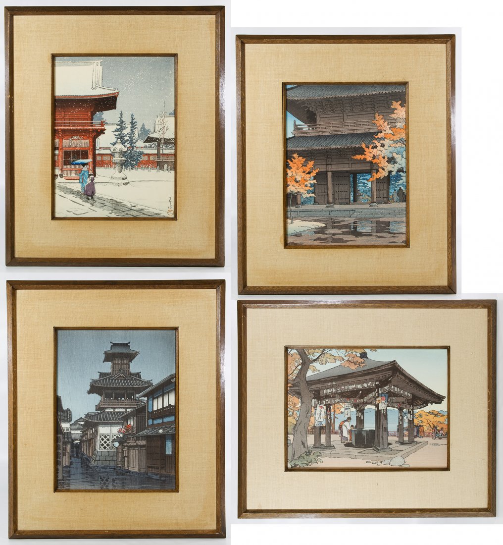 Asian Print Assortment: Asian Print Assortment Four framed prints with Marshall Field stickers en verso, each depicting architecture during four different seasons of the year Height: 12.00 inches, Width: 9.00 inches (winter 