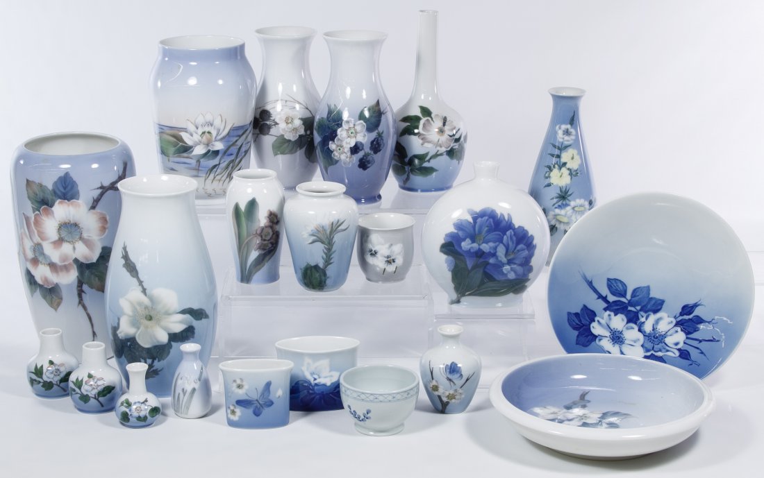 Royal Copenhagen and Bing & Grondahl Blue and White: Royal Copenhagen and Bing & Grondahl Blue and White Assortment Twenty-one items including vases and plates Height: 9.00 inches (tallest) Category: Porcelain & Ceramics > Royal Copenhagen Shipping Stat