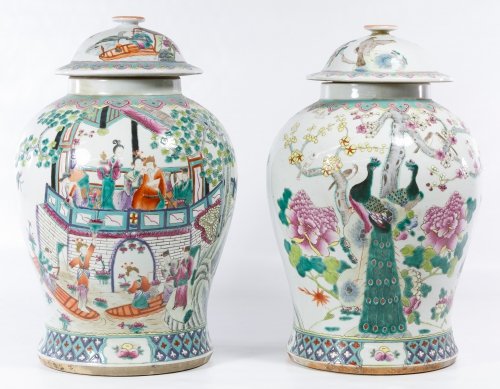 Asian Ceramic Ginger Jars: Asian Ceramic Ginger Jars Having moriage and painted domestic scenes; with lids Height: 16.50 inches, Width: 10.00 inches (both) Category: Decorative Arts > Asian Shipping Status: Due to size, weight,