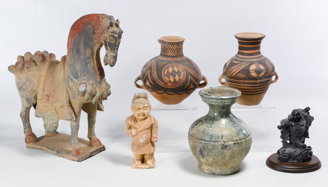 Pottery Assortment: Pottery Assortment Including two painted Southwestern pottery jugs, an Asian horse statue, an Asian male figurine, a blue glazed vase and a composite Asian deity statue Height: 11.00 inches (horse) Ca