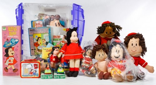 Cloth 'Little Lulu' Dolls, Books and Advertising: Cloth 'Little Lulu' Dolls, Books and Advertising Assortment Including two boxes of Gund cloth dolls, children's books, paper doll sets, magazine advertisements using the Lulu character and a 1956 comi