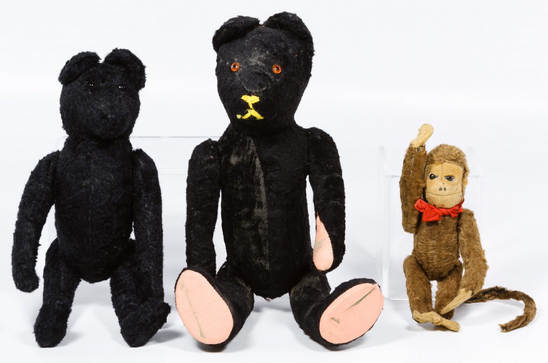Black Bear and Monkey Assortment: Black Bear and Monkey Assortment Three items including a black plush teddy bear with a hump, shoe button eyes and jointed limbs, a black cat or bear with glass eyes and yellow stitched nose and an ant
