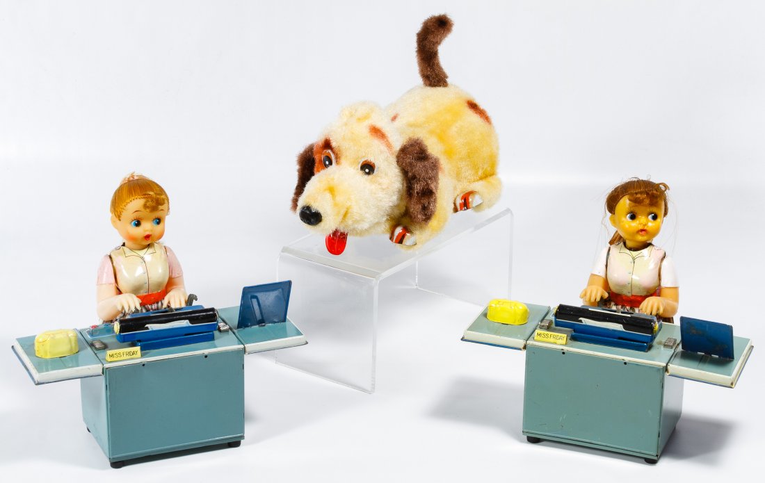 Battery Operated Toy Assortment: Battery Operated Toy Assortment Three items including two 'Miss Friday' typing secretaries and a plush dog Height: 7.00 inches, Length: 8.50 inches (secretary) Category: Toys and Dolls > Vintage Toys 