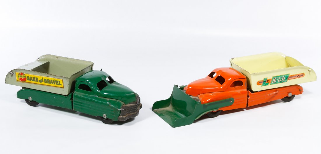 Buddy L Pressed Steel Trucks: Buddy L Pressed Steel Trucks Two items including a Buddy L 'Sand and Gravel' dump truck and a 'Hi-Lift Scoop and Dump' truck Length: 15.50 inches (longest) Category: Toys and Dolls > Vintage Toys Ship