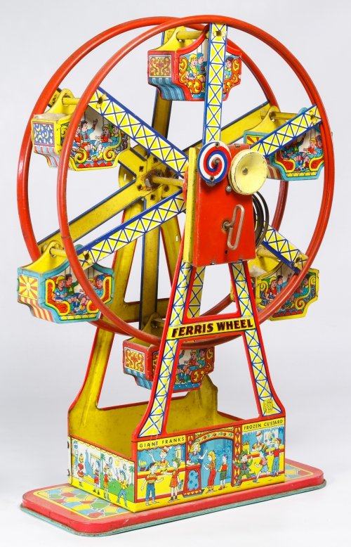 Chein 'Hercules' Wind-up Tin Ferris Wheel: Chein 'Hercules' Wind-up Tin Ferris Wheel c.1940, stamped maker mark lower right Height: 16.50 inches, Width: 10.50 inches, Depth: 4.50 inches Category: Toys and Dolls > Vintage Toys Shipping Status: 