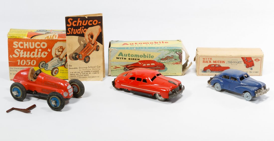 Chevrolet Back Motion Tin Wind-up Car with Original Box: Chevrolet Back Motion Tin Wind-up Car with Original Box Together with a Schuco Studio 1050 with original box and accessories and automobile with siren friction car with original box Width: 5.50 inches