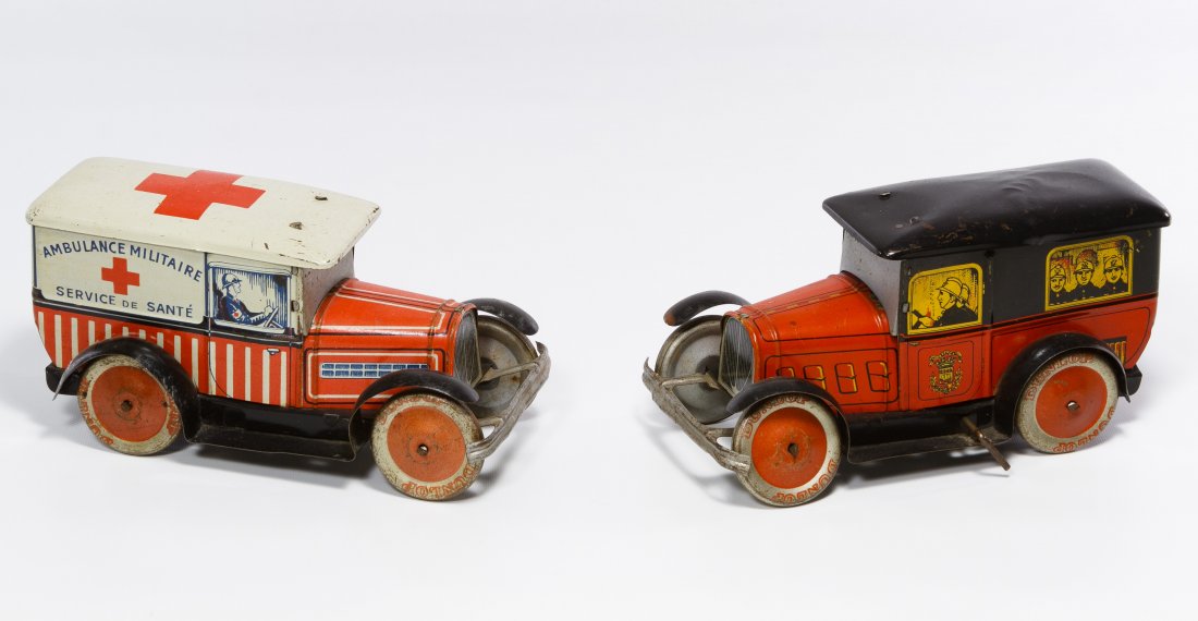 French Wind-Up Lithographed Tin Toy Cars: French Wind-Up Lithographed Tin Toy Cars Two items including an ambulance and a police car Length: 6.50 inches (longest) Category: Toys and Dolls > Vintage Toys Shipping Status: Leonard Auction, Inc.