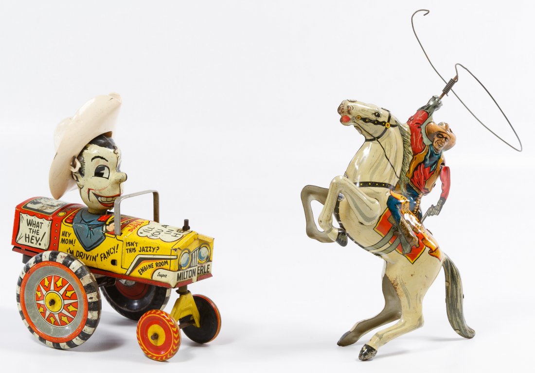 Marx 'Lone Ranger' and 'Milton Berle' Wind-up Tin Toys: Marx 'Lone Ranger' and 'Milton Berle' Wind-up Tin Toys Lone Ranger is dated 1938, Milton Berle is c.1940, each having stamped maker mark and key Height: 8.00 inches (Lone Ranger) Category: Toys and Do
