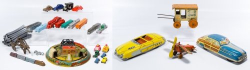 Marx Honeymoon Express, Toy Train and Car Assortment: Marx Honeymoon Express, Toy Train and Car Assortment Including a wind-up lithographed tin Marx Honeymoon express, a 'woody' station wagon, a yellow convertible, a Toylands produce cart and an airplane
