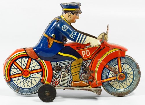 Marx Wind-up Tin Police Motorcycle: Marx Wind-up Tin Police Motorcycle c.1930, number 7, stamped maker mark on the front and back Height: 5.75 inches, Width: 8.50 inches Category: Toys and Dolls > Vintage Toys Shipping Status: Leonard A