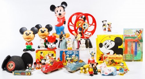 Mickey Mouse and Disney Character Toy Assortment: Mickey Mouse and Disney Character Toy Assortment Including a Mickey soldier and a Minnie nurse Japanese bisque figurines, Auburn rubber vehicles, ceramic salt and pepper shakers, Mattel hard plastic t