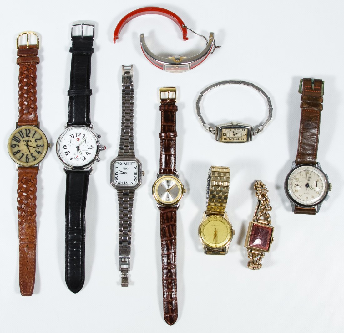 Wrist Watch Assortment: Wrist Watch Assortment Nine watches including three gold filled by Wittnauer, Gruen and Bulova and six other watches by Buttes Chronographe Suisse, Fossil, Kamatz, Urban, Luger and Camly Length: 6.50