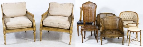 Chair Assortment: Chair Assortment Eight items including two arm chairs with cane seats and backs, four caned occasional and side chairs, a metal vanity stool and an upholstered club chair Height: 27.75 inches, Width: