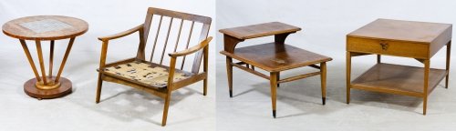 Mid-Century Modern Table Assortment: Mid-Century Modern Table Assortment c.1970, including a green tile top table by Lane, stamped mark to the underside, an end table by Lane and a table having a pullout drawer with a cane bottom (attrib