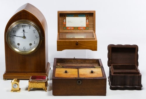 Seth Thomas Mantel Clock and Music Box Assortment: Seth Thomas Mantel Clock and Music Box Assortment Including a mahogany Gothic style mantel clock, two music boxes, a mahogany tea box, a small dresser box and a miniature clock Height: 12.00 inches Ca