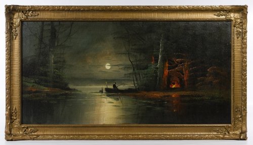 American School (19th / 20th Century) Oil on Canvas: American School (19th / 20th Century) Oil on Canvas Undated, unsigned, depicting a campfire at night with the moon in the background; possibly painted by Frederick Schafer Height: 14.00 inches, Width: