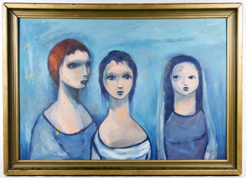 Douglas Staten (American, 20th Century) Oil on Board: Douglas Staten (American, 20th Century) Oil on Board 1957, signed lower right, depicting three females Height: 18.50 inches, Width: 27.00 inches (sight) Category: Fine Art > American Paintings Shippin