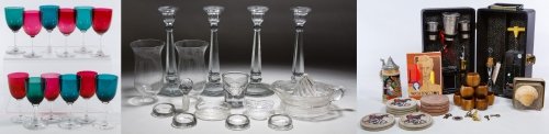 Green and Red Bowl Stemware Assortment: Green and Red Bowl Stemware Assortment Including six green and six red bowl, unmarked sherry glasses; together with pressed glassware and barware including candlesticks, hurricane shades, a juicer and